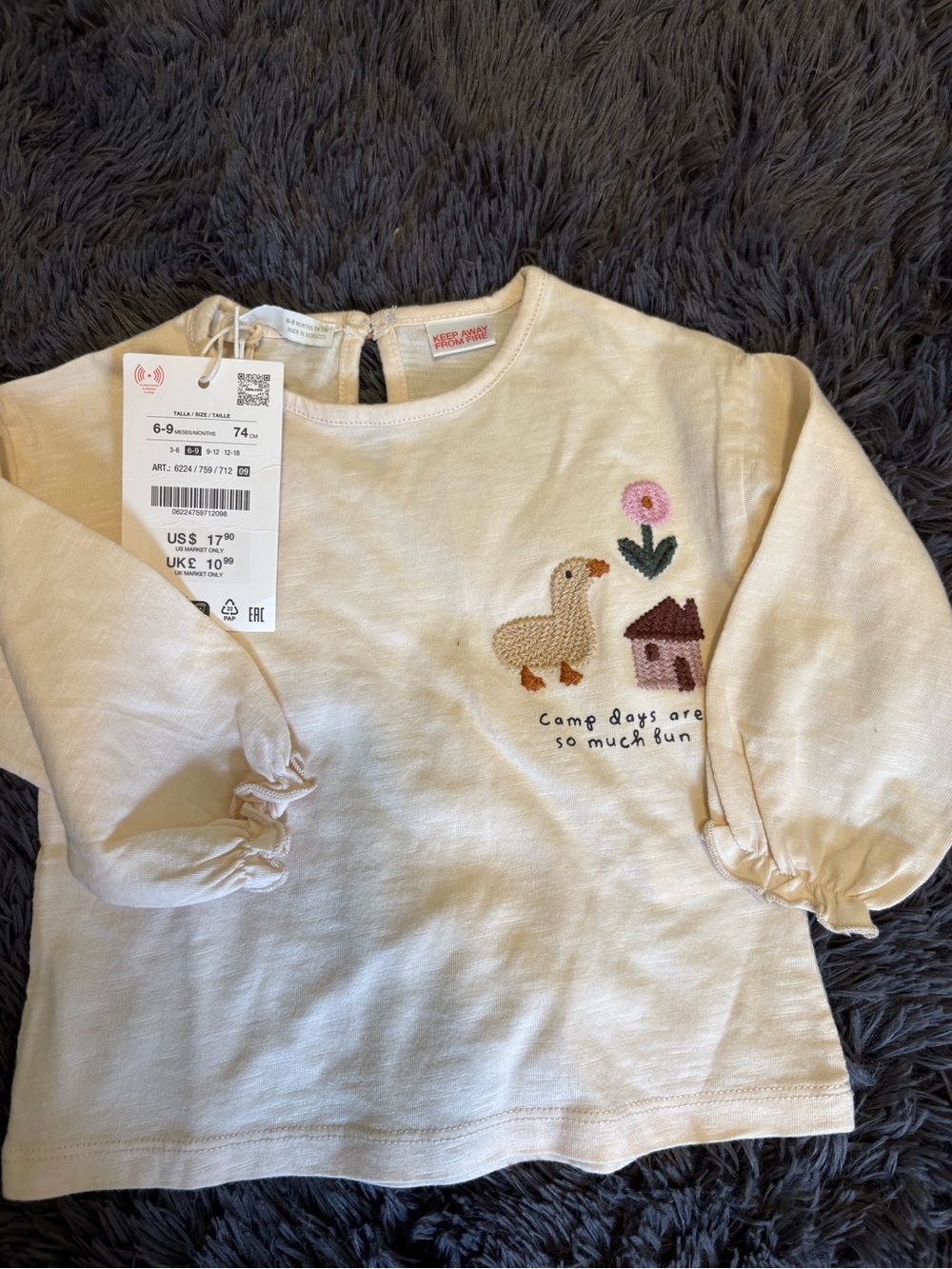Zara Cream Long-Sleeve Tee with Embroidered Duck & House